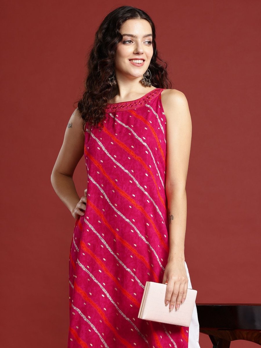 Anouk Leheriya Printed Halter Neck Thread Work Kurta - Swadesiicart