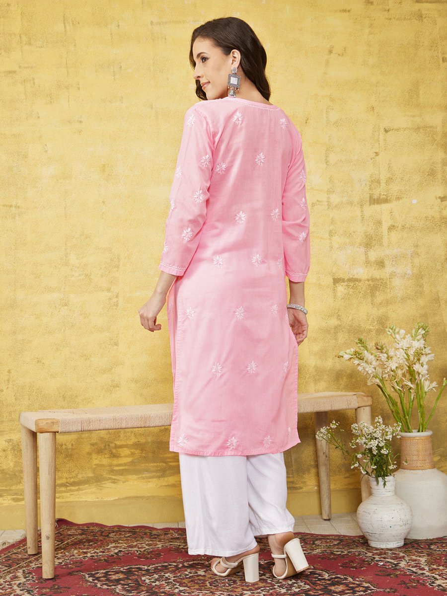ADA Women Pink & White Chikankari Embroidered Straight Sustainable Handloom Kurta | Swadesiicart