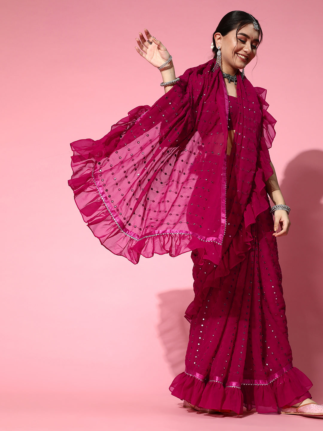 Tikhi Imli Embellished Poly-Georgette Saree with Solid border | Swadesiicart