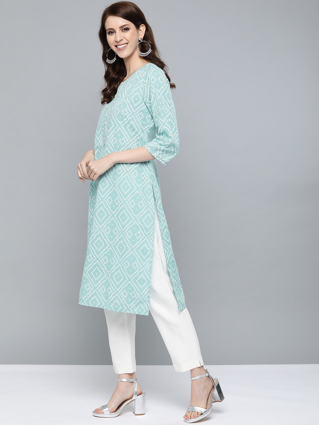 HERE&NOW Women Green & White Bandhani Print Straight Kurta - Swadesiicart