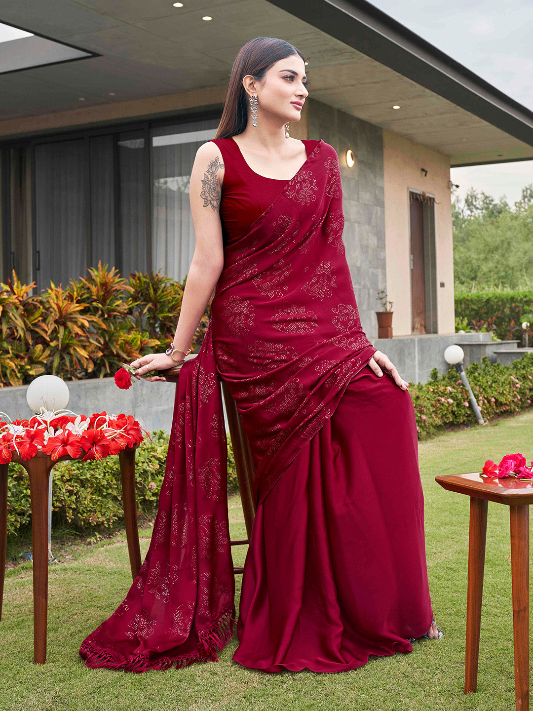 Tikhi Imli Embellished Half and half Satin Saree With Tassels | Swadesiicart