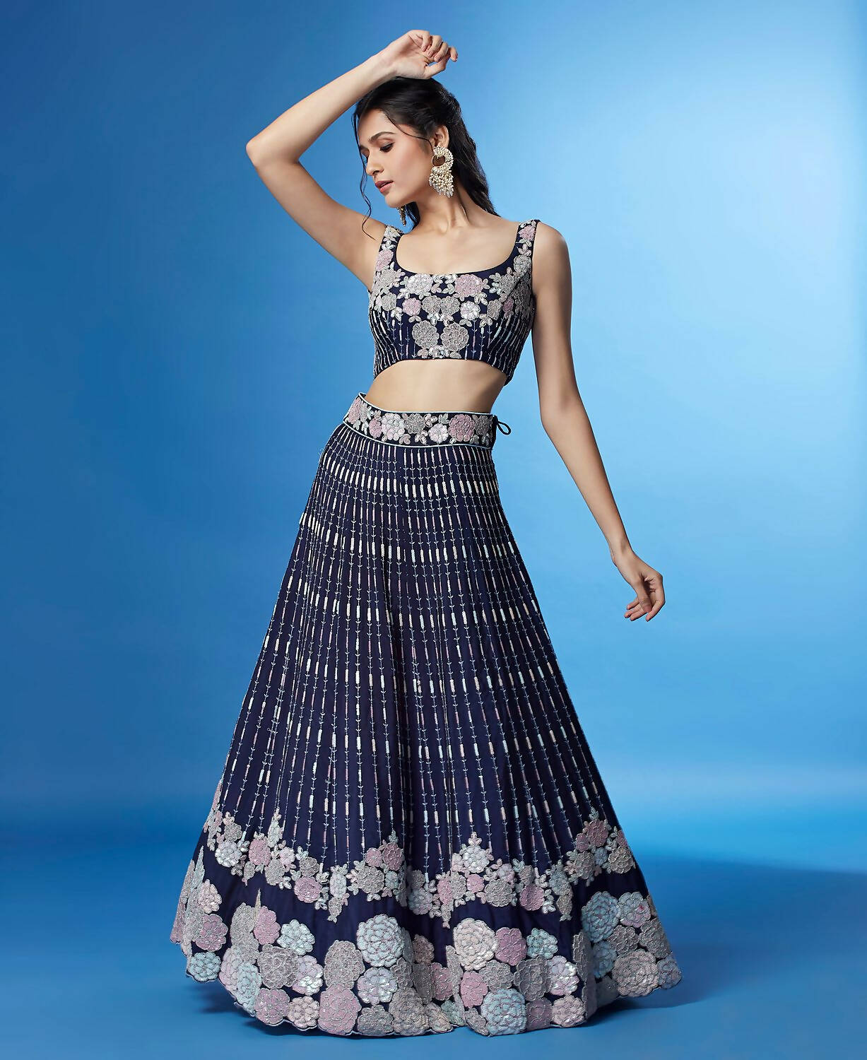 House of Panchhi Navy Blue Color Georgette Multi-Sequins Work Lehenga | Swadesiicart
