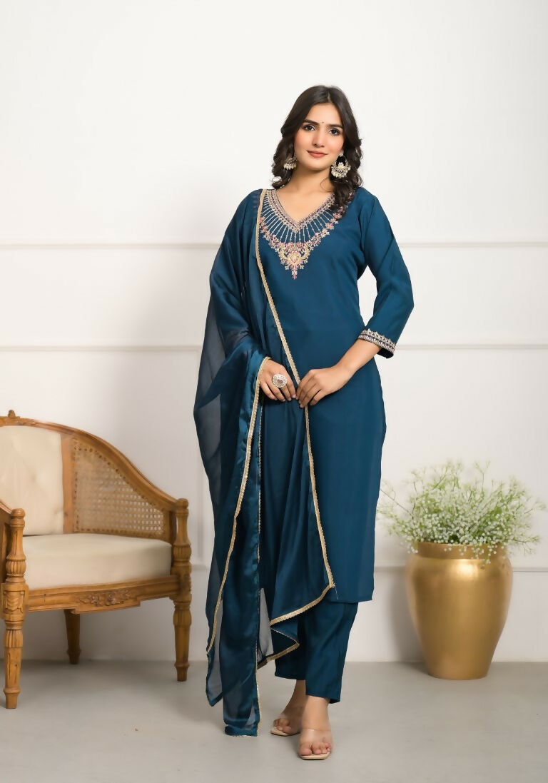 Festive Wear Ethnic Rama Viscose Chanderi Stitched Suit With Dupatta - Tanisha | Swadesiicart