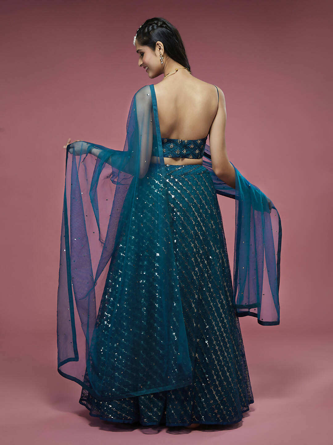 House of Panchhi Teal Net Sequinse Embroidered Lehenga & Blouse with Dupatta | Swadesiicart