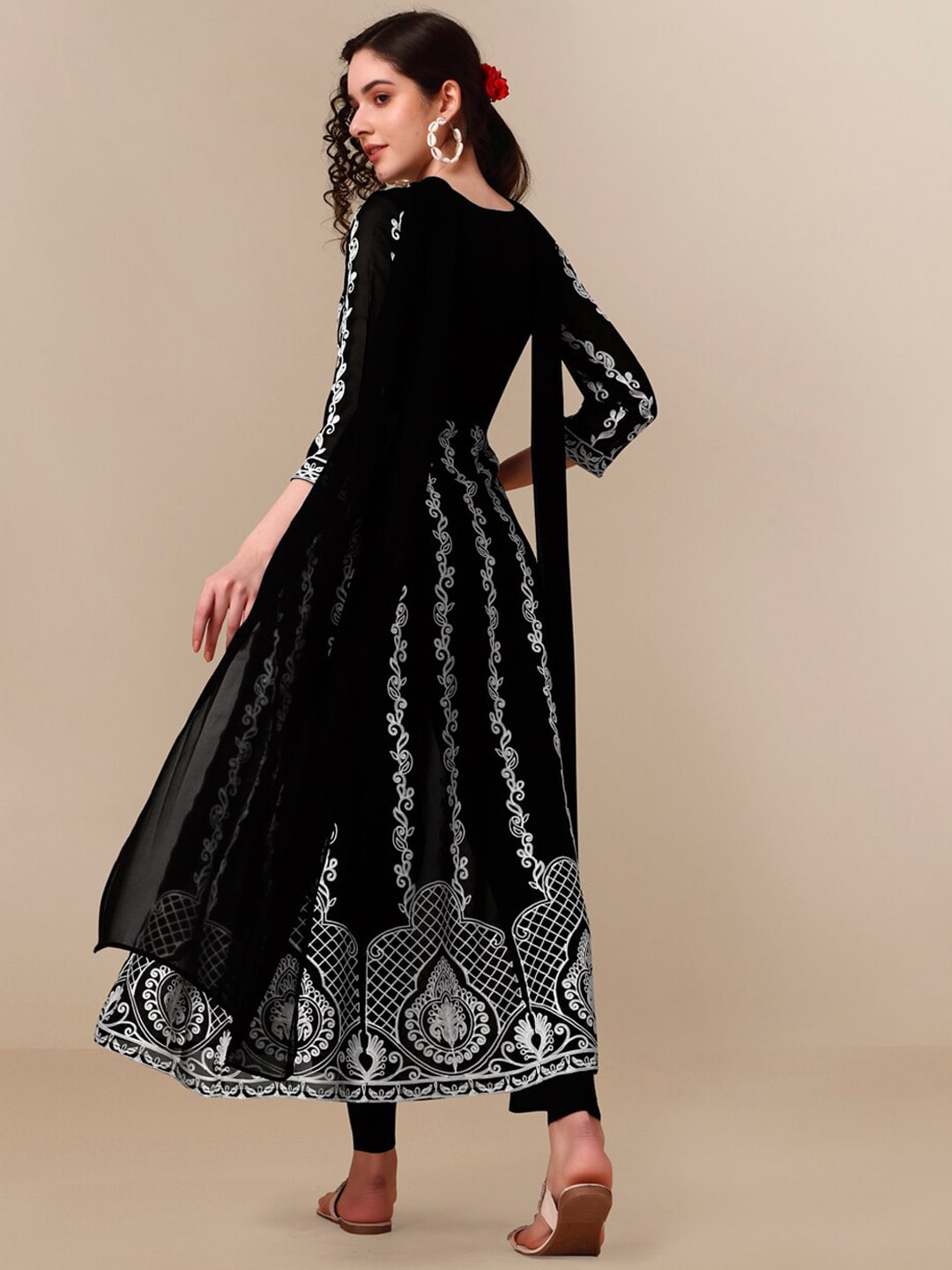 HERE&NOW Black Lucknowi Chikankari Embroidered Georgette Anarkali Kurta with Dupatta | Swadesiicart