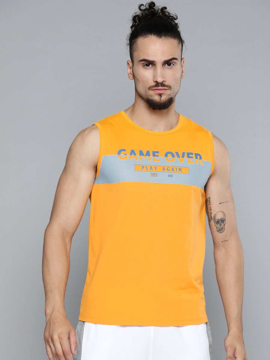 Alcis Men Mustard Yellow Typography Printed Slim Fit Gym T-shirt | Swadesiicart