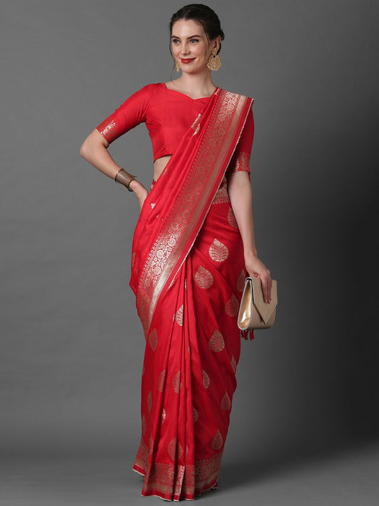 Mitera Red & Silver-Coloured Ethnic Motifs Zari Woven Design Silk Blend Banarasi Saree | Swadesiicart