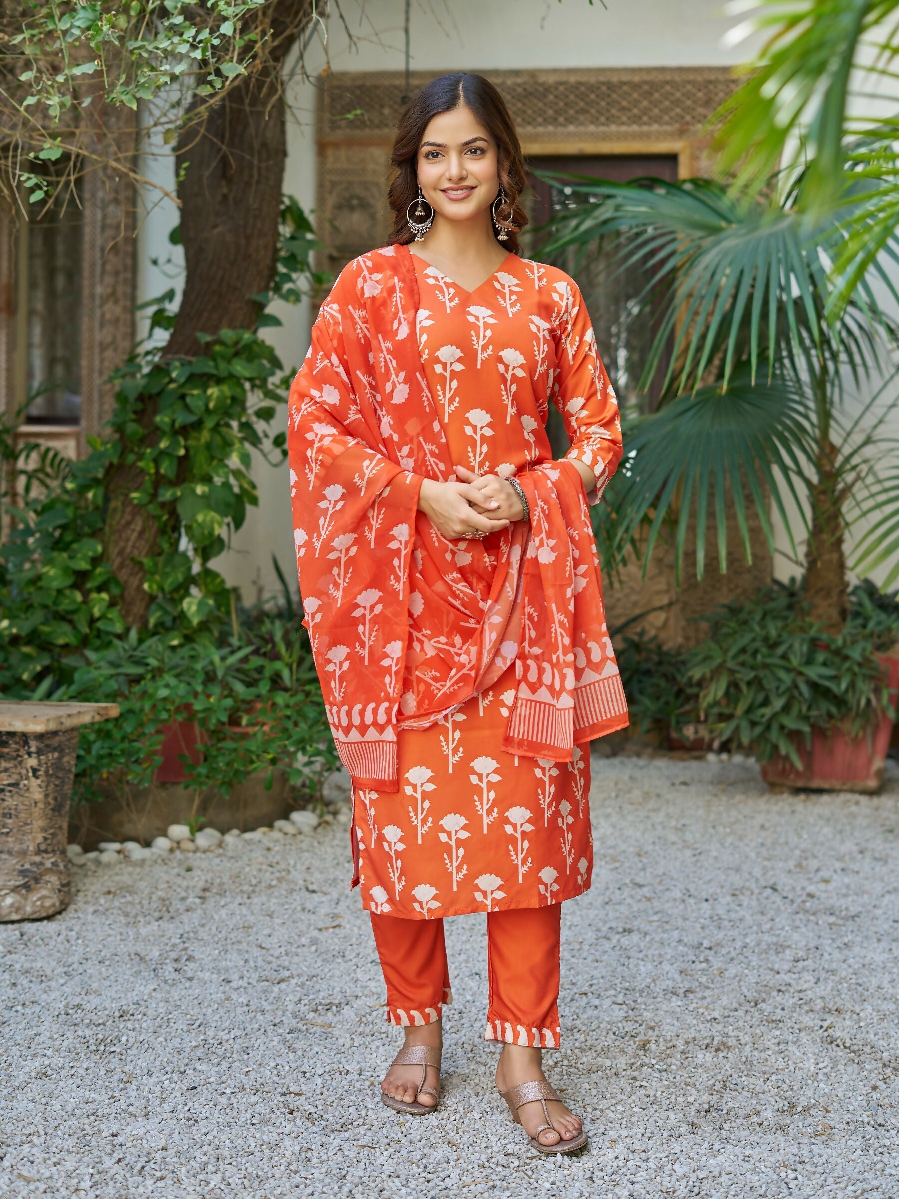The52 Orange Women's Beautiful Cotton Blend Fabric Printed Work Straight Kurta, Pant and Dupatta Set - Swadesiicart