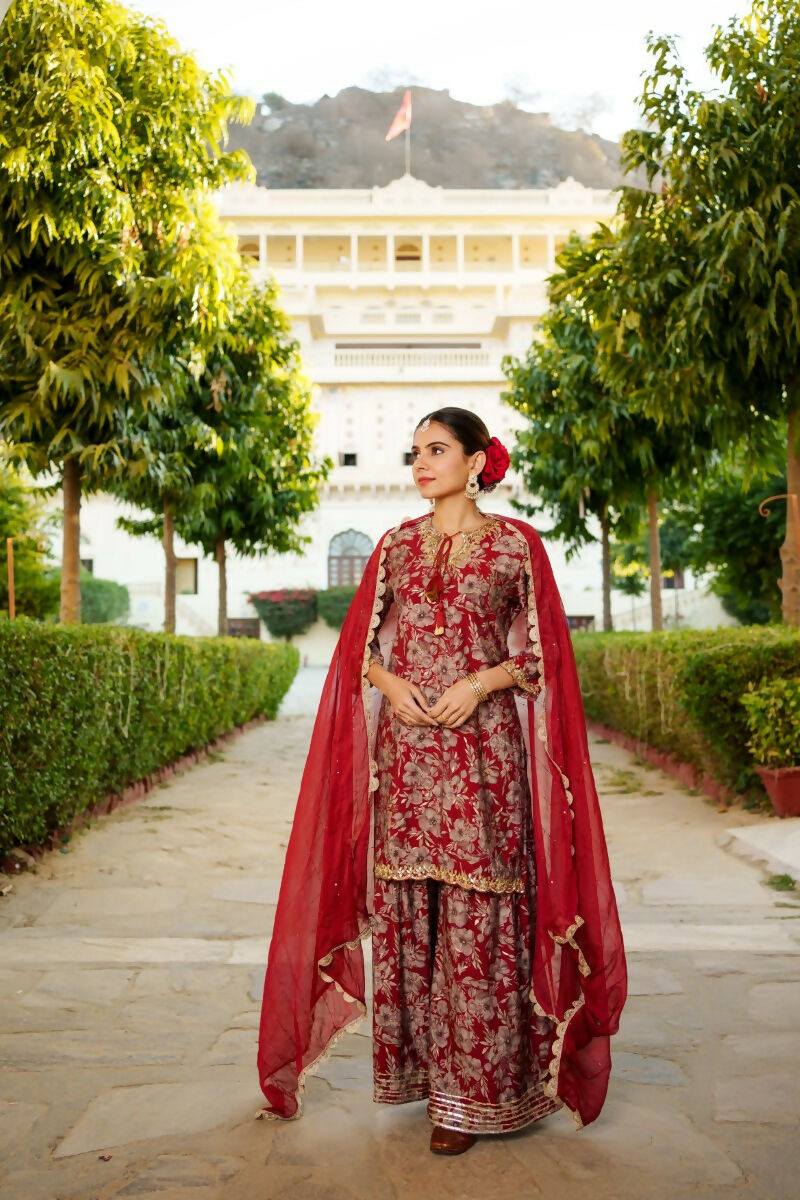 Vaasva Women Maroon Muslin Floral & Embroidered Cut Work Kurta ,Sharara & Dupatta set | Swadesiicart
