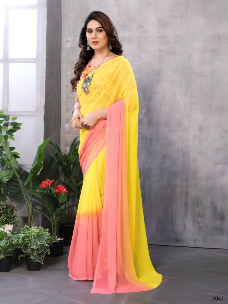 Partywear Designer Yellow & Pink Georgette Fancy Saree - Satrangi | Swadesiicart