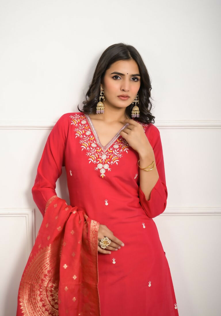Festive Wear Ethnic Red Viscose Chanderi Stitched Suit With Dupatta - Tanisha | Swadesiicart