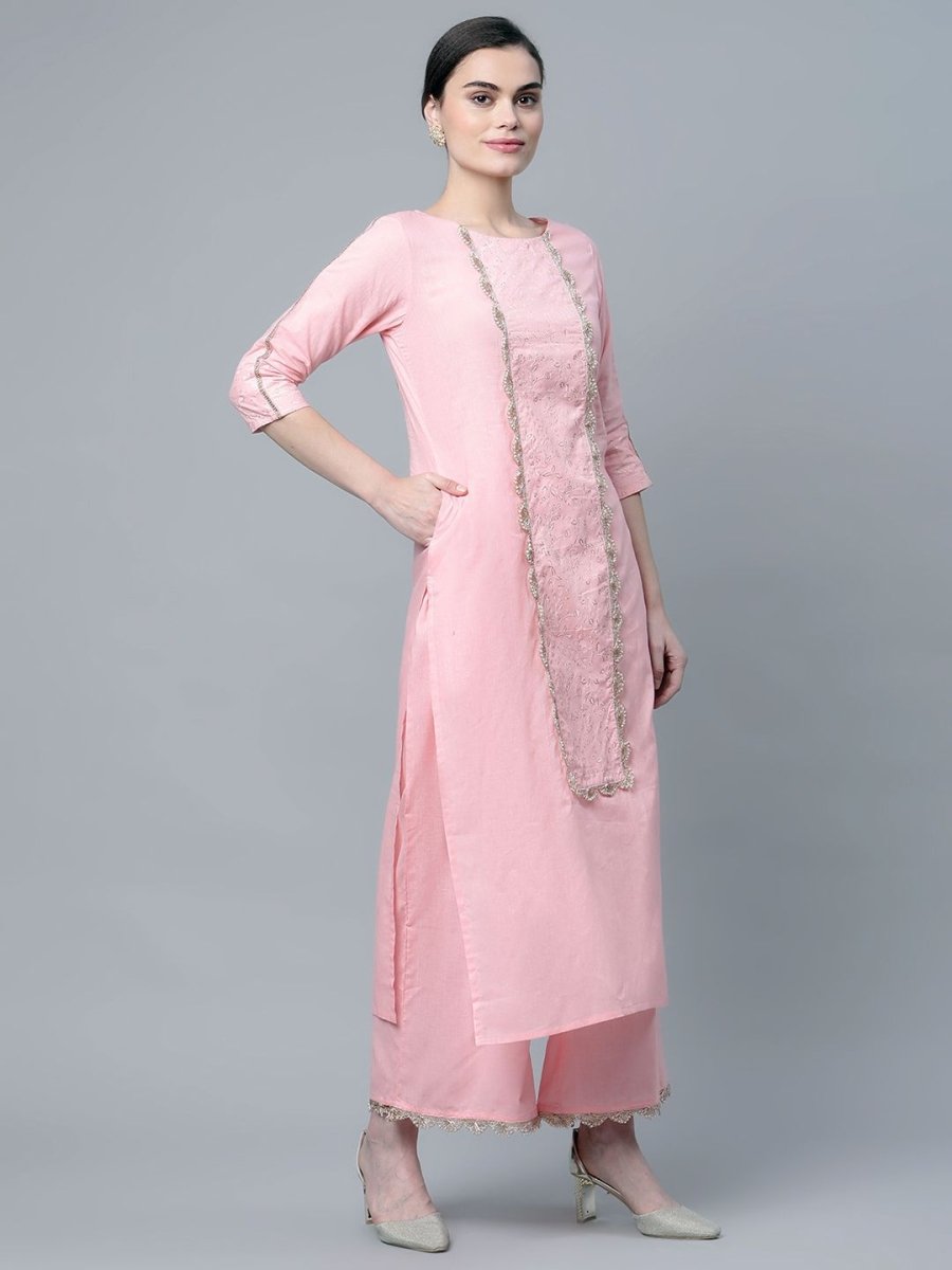 Ahalyaa Women's Baby Pink Pure Cotton Printed Kurta Palazzo Set | Swadesiicart