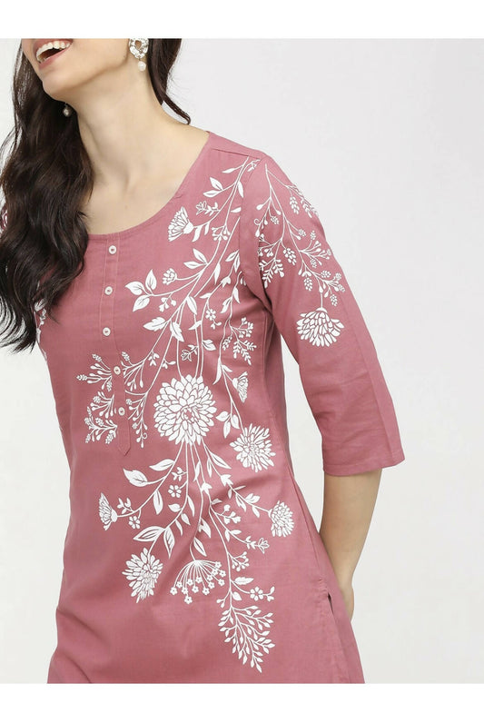 Cheera Embellished Daily Wear Cotton Blend Kurta - Peach - Swadesiicart