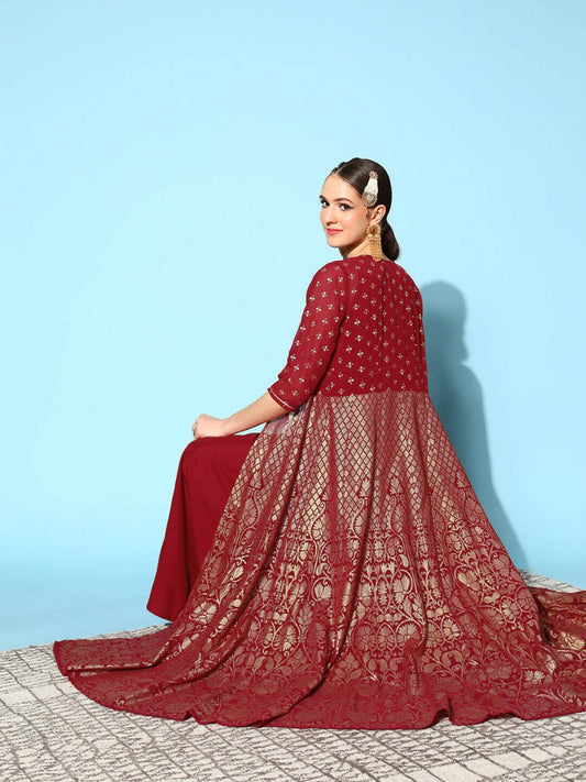 Ahalyaa Women Beautiful Maroon Crepe Brocade Ethnic Dress | Swadesiicart