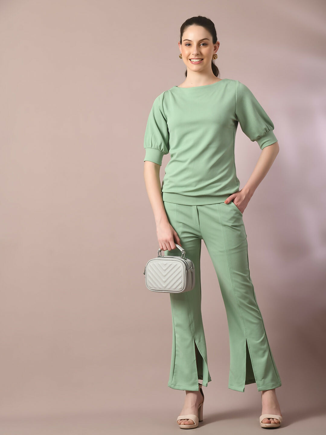Myshka Women's Sea Green Solid Boat Neck Party Top With Trousers Co-ord set - Swadesiicart