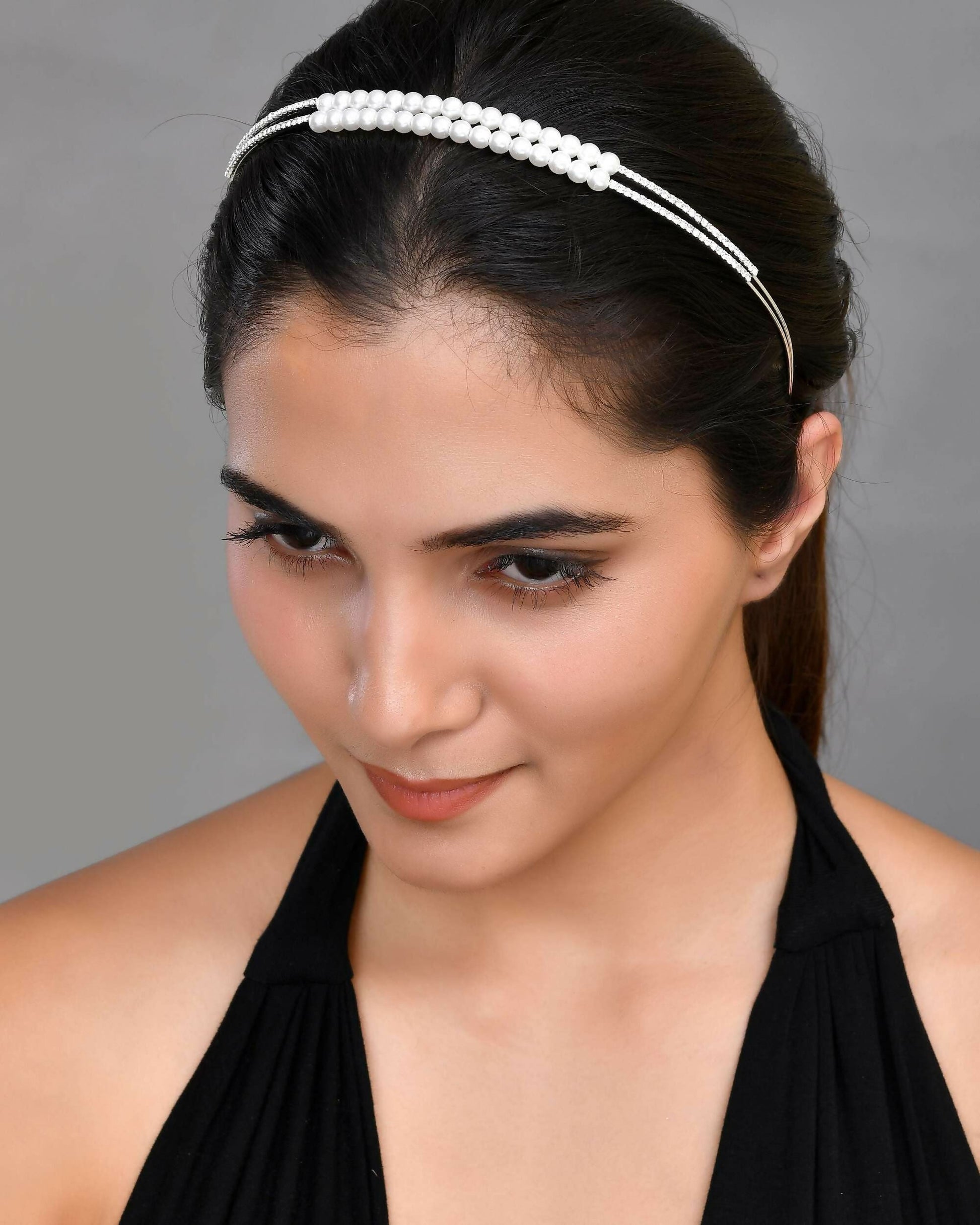 VOJ Silver Plated Pearl Studded Double Layer Hairband | Swadesiicart
