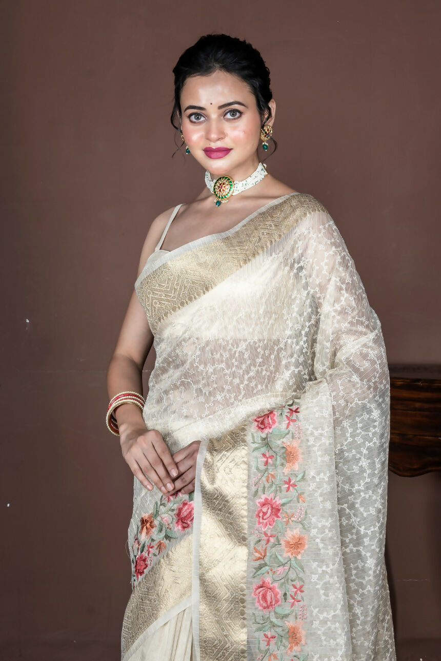 Morchari Beige Banarasi Tissue Computer Embroidery Saree Unstitched Blouse | Swadesiicart