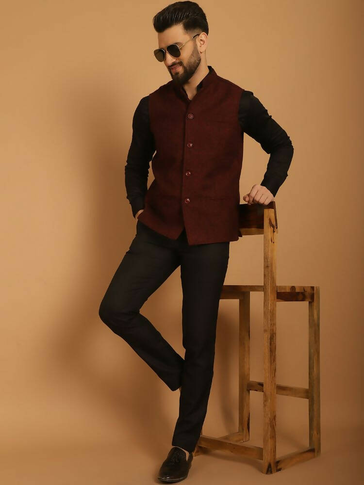 Even Apparels Pure Wool Nehru Jacket - Maroon | Swadesiicart