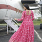 Aayaa Printed Faux Georgette with Embroidery Zari Sequins work Gown - Red Pink