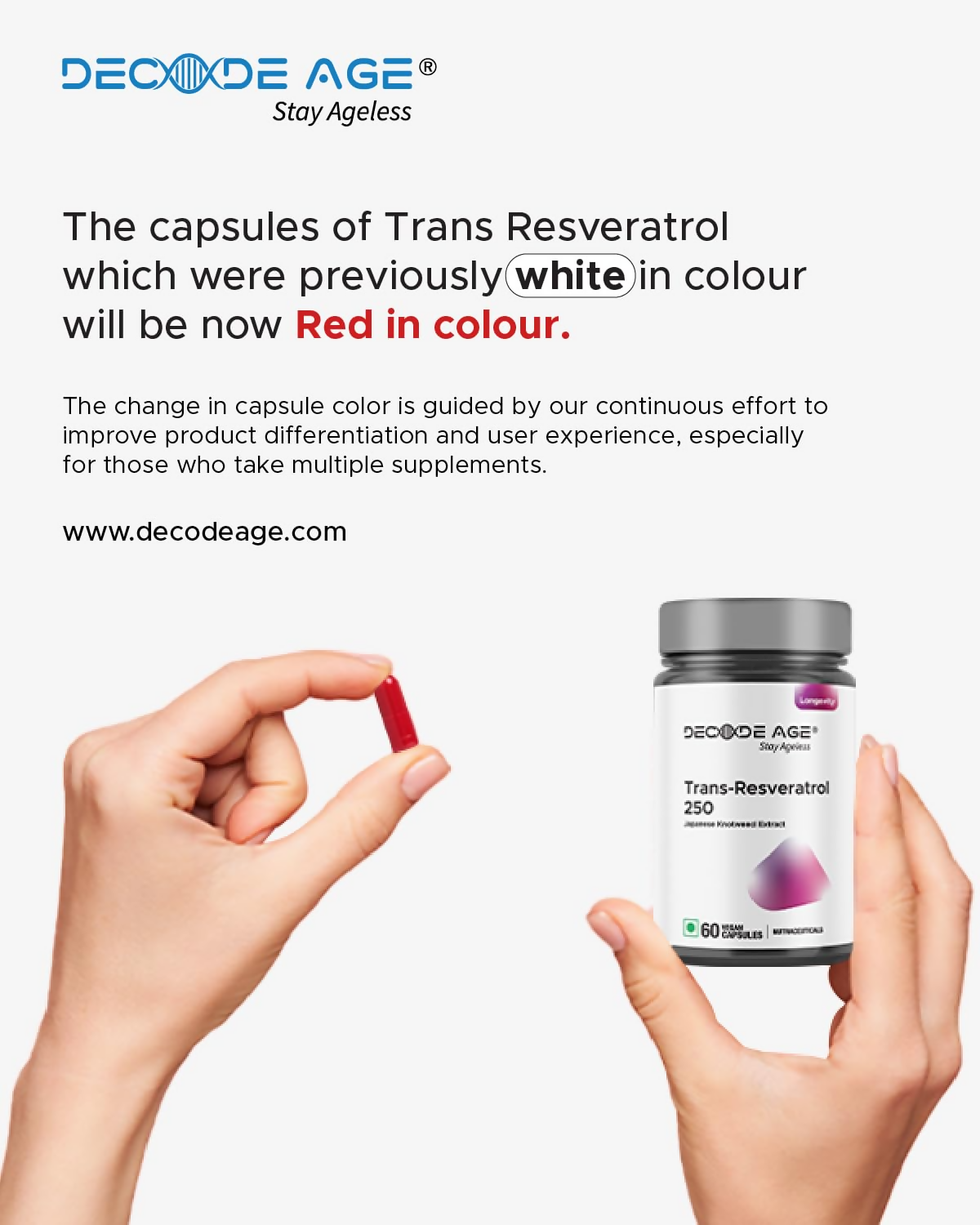Decode Age 99.5% Pure Trans Resveratrol 250mg Supplement Capsules | Swadesiicart