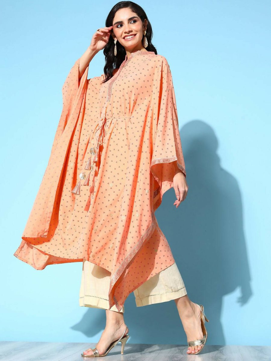 Ahalyaa Women's Peach Crepe Printed Kaftan Kurta | Swadesiicart