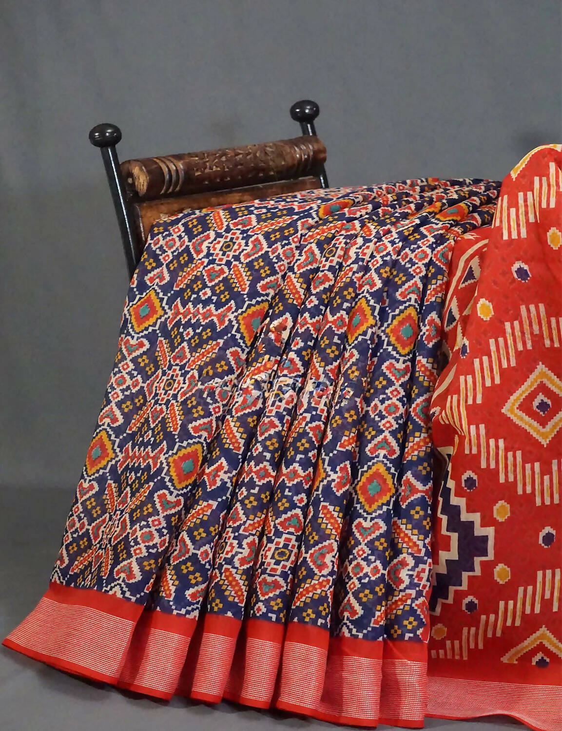 Shades Of Navy Blue And Red Patola Print Semi Chanderi Saree By Gayathri Reddy Designer Studio | Swadesiicart