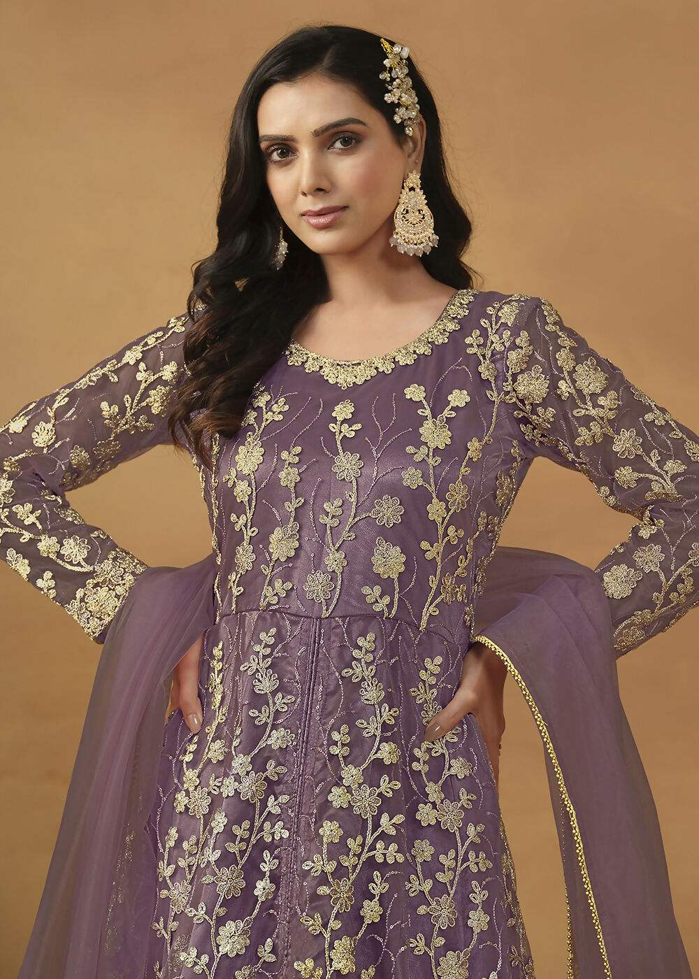 Pant Style Purple Embroidered Net Wedding Anarkali Suit - Emponline | Swadesiicart