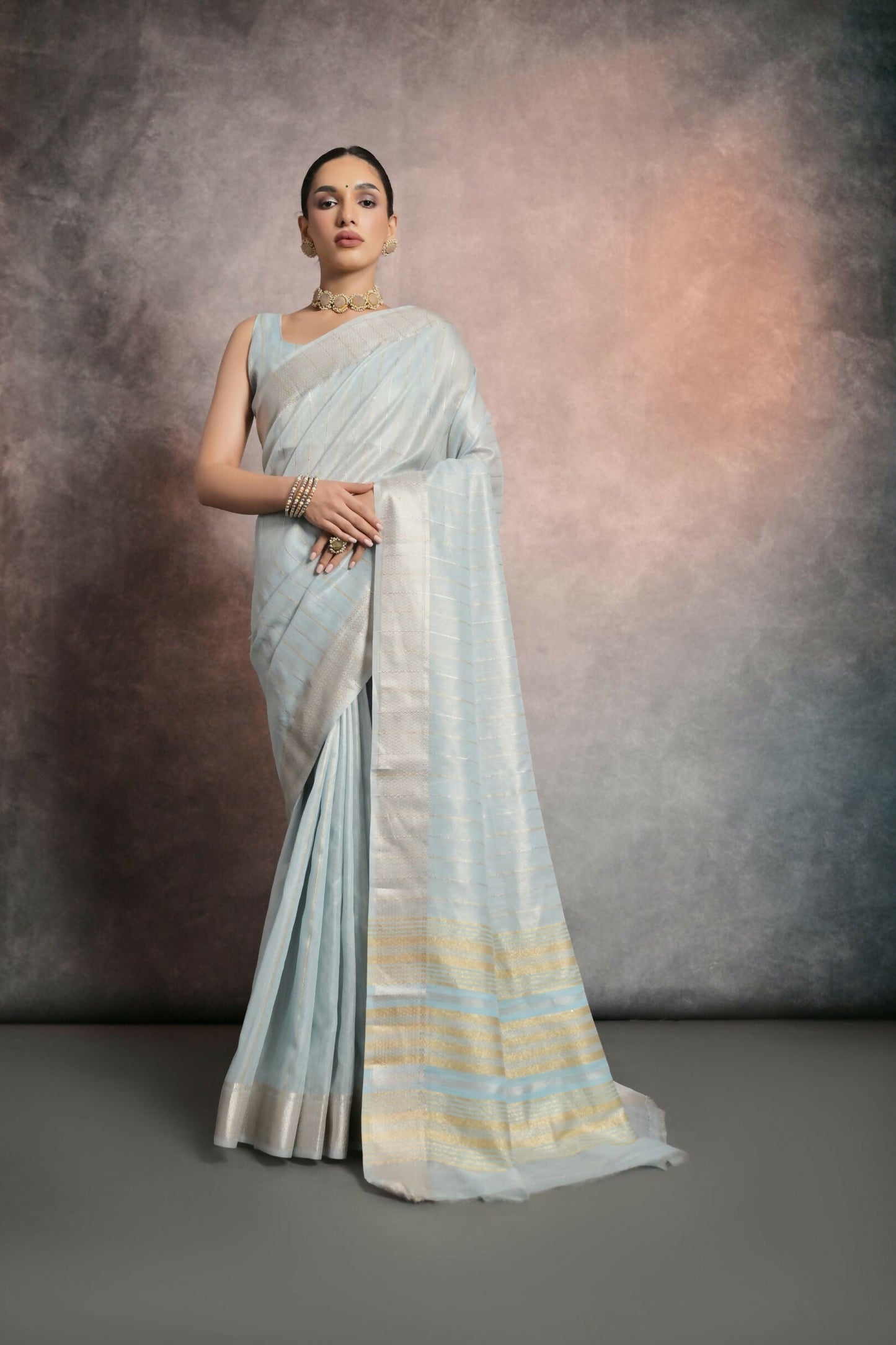 Vishnu Weaves Women's Firozi Tissue Linen Zari Woven Saree with Blouse - Swadesiicart