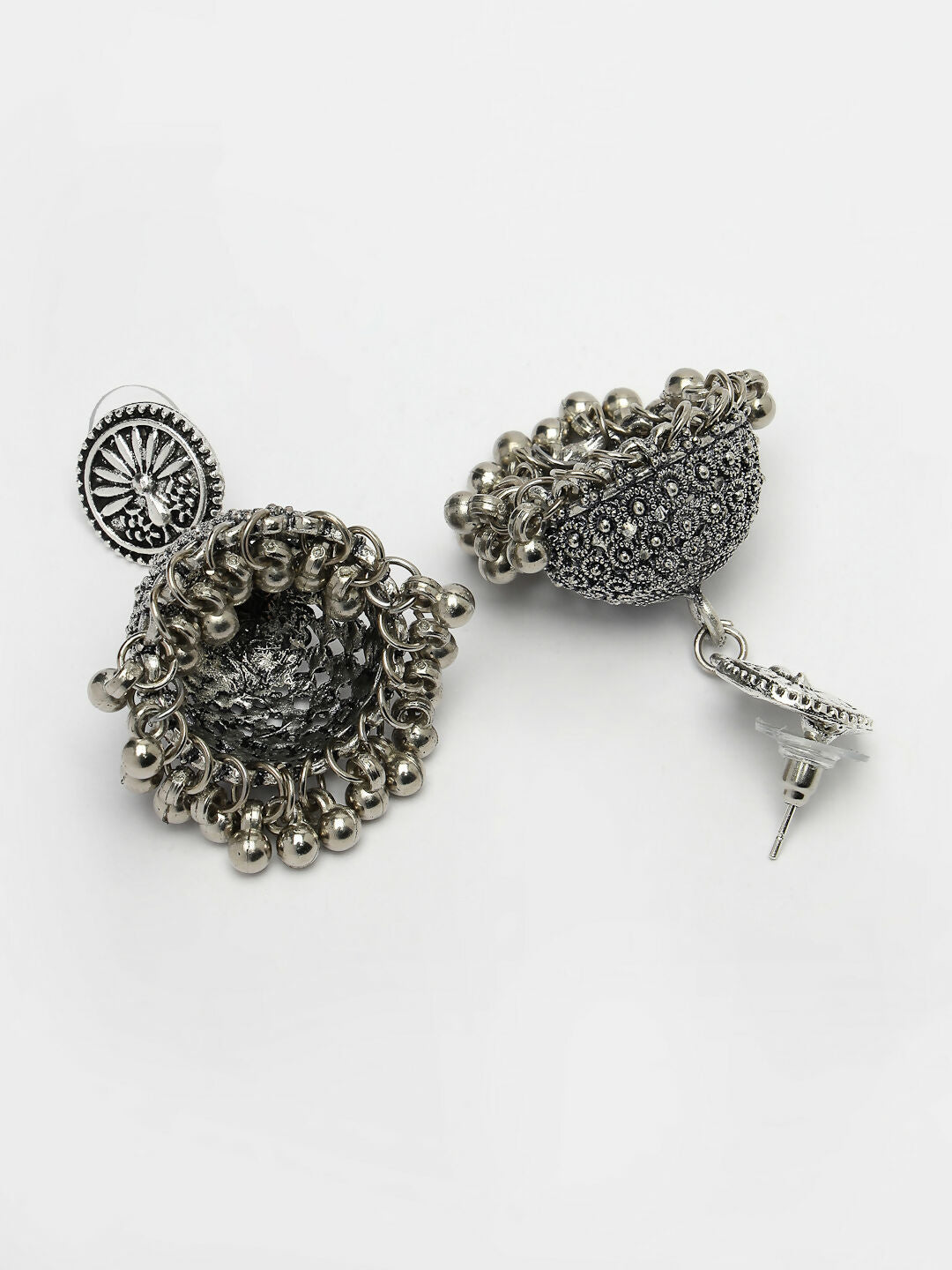 NVR Women's Set of 3 Silver-Toned German Silver Oxidised Dome Shaped Jhumka Earrings | Swadesiicart