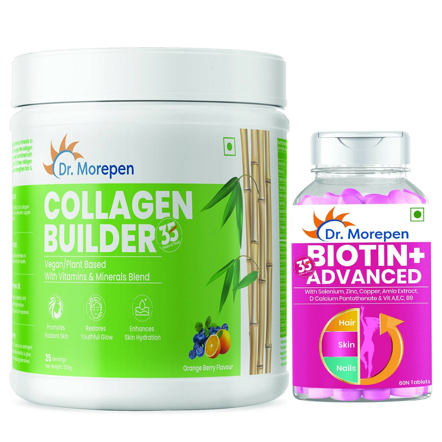 Dr. Morepen Biotin+ Advanced Tablets and Natural Collagen Builder, Orange Berry Flavour Combo - Dr Morepen