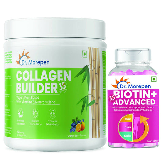 Dr. Morepen Biotin+ Advanced Tablets and Natural Collagen Builder, Orange Berry Flavour Combo - Dr Morepen