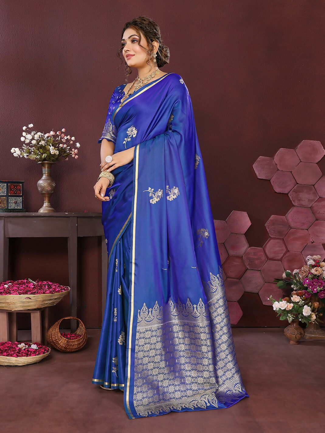 Joban Fashion Blue Floral Banarasi Silk Sarees | Swadesiicart