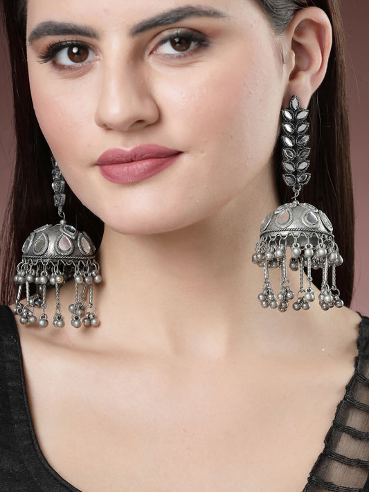 NVR Women's Silver Plated Mirror Work Oxidised Contemporary Jhumka Earrings | Swadesiicart