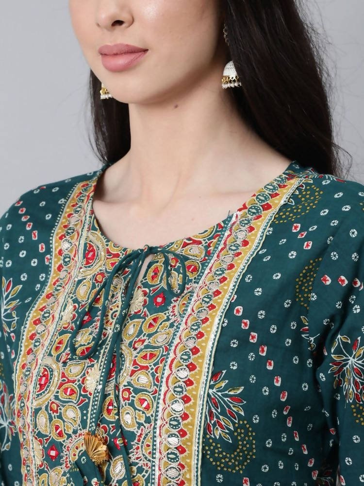 Anubhutee Teal Ethnic Motifs Printed Empire Thread Work Pure Cotton Kurta with Trousers & With Dupatta - Swadesiicart