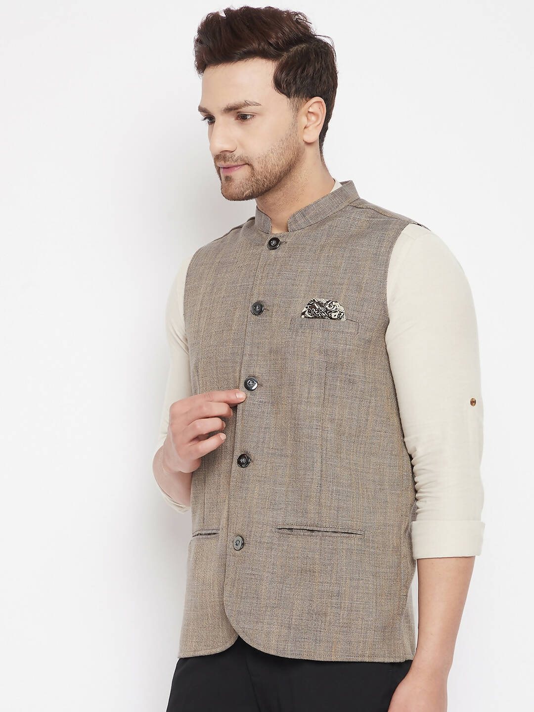 Even Apparels Brown Linen Men Woven Nehru Jacket | Swadesiicart