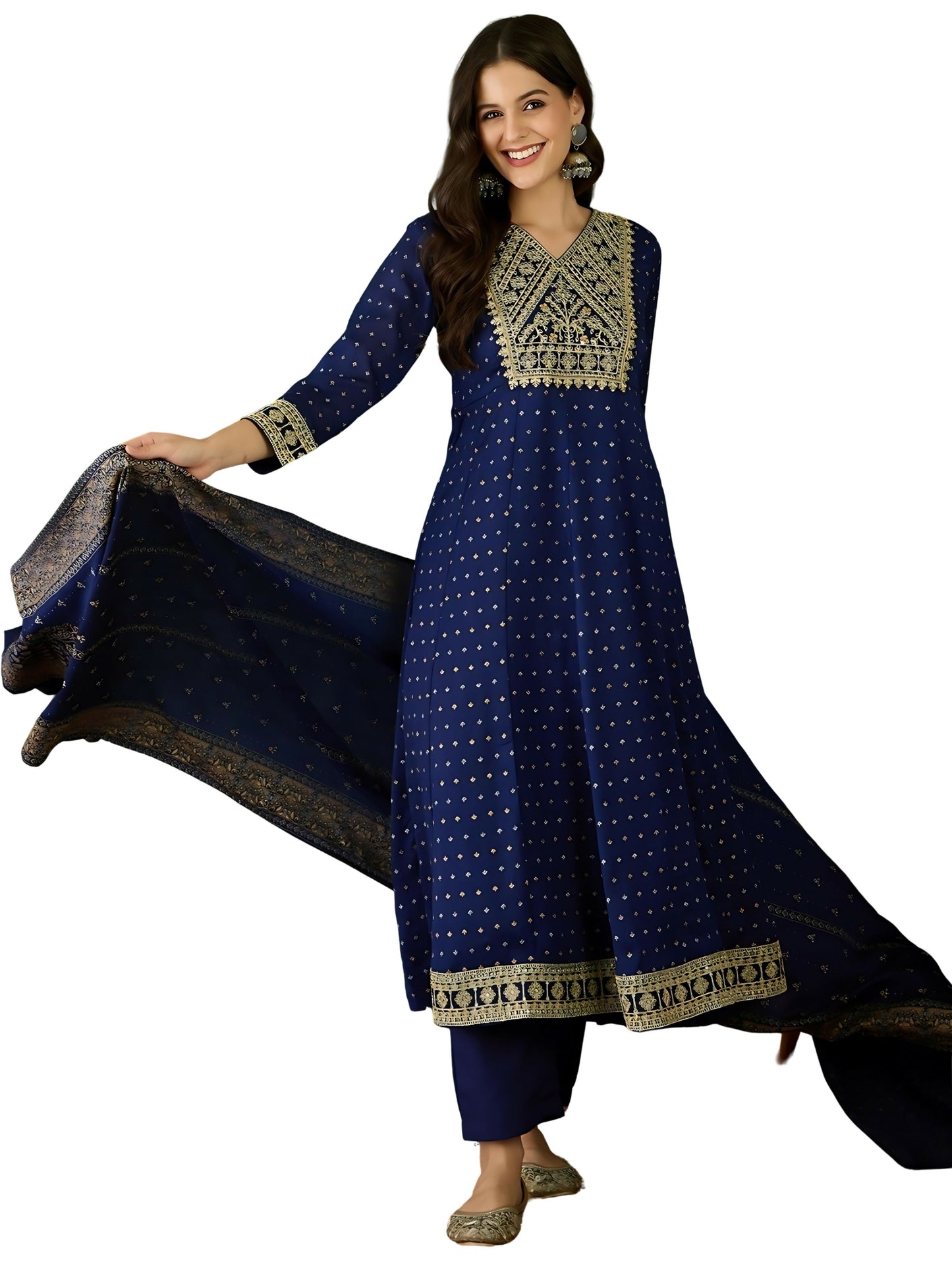 The52 Blue Women's Gorgeous Embroidered Work Vichitra Silk Fabric Flared Kurta Pant and Dupatta Set - Swadesiicart