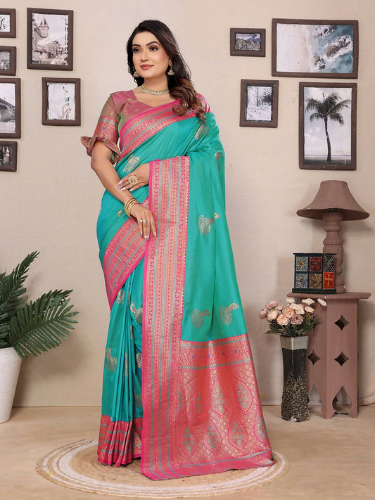 Joban Fashion Banarasi Turquoise Small Butti Soft Silk Saree | Swadesiicart