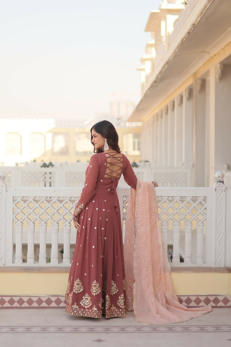 Jyoti Fashion Women's Brown Faux Georgette Sequins Thread Embroidery Anarkali Dress with Dupatta | Swadesiicart