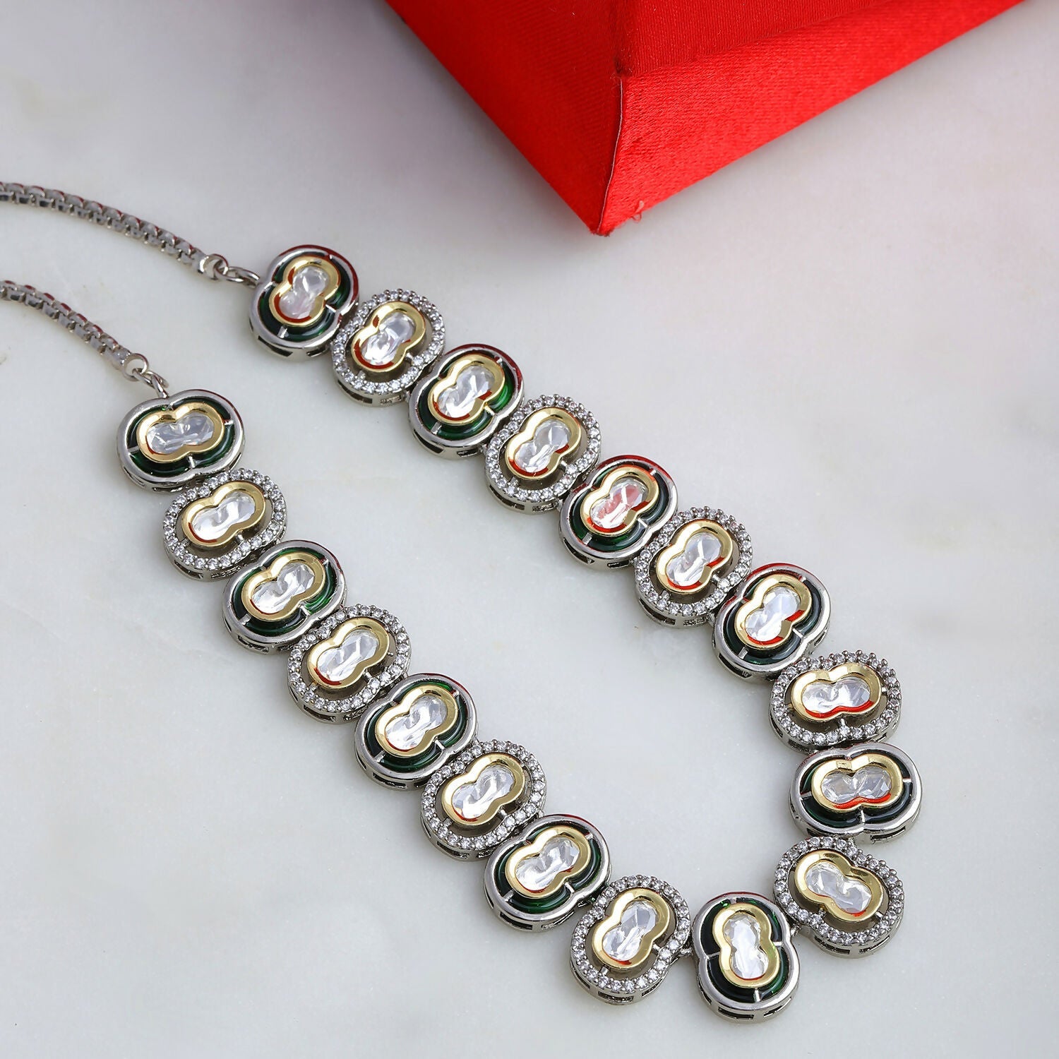 Mufli (peanut) Kundan Neckpiece with Meenakari and American Diamonds (Silver) - Ruby Raang | Swadesiicart