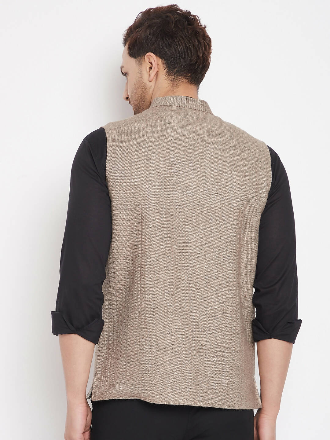 Even Apparels Beige Wool Men Woven Nehru Jacket | Swadesiicart