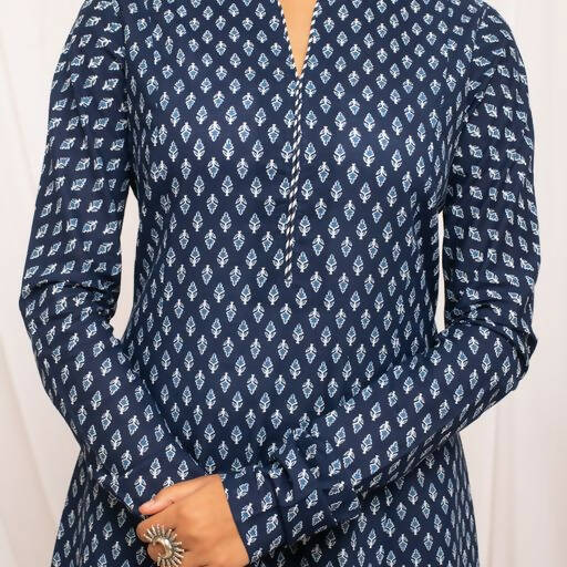 FIORRA Women's Floral Printed Navy Blue Cotton A-Line Kurta - Swadesiicart