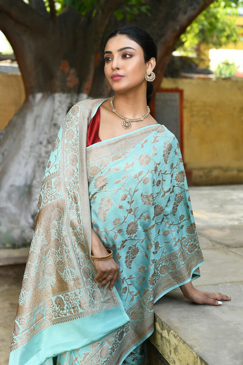 Joban Fashion Aqua Crepe Chiffon Pure Handloom Banarasi Silk Saree | Swadesiicart