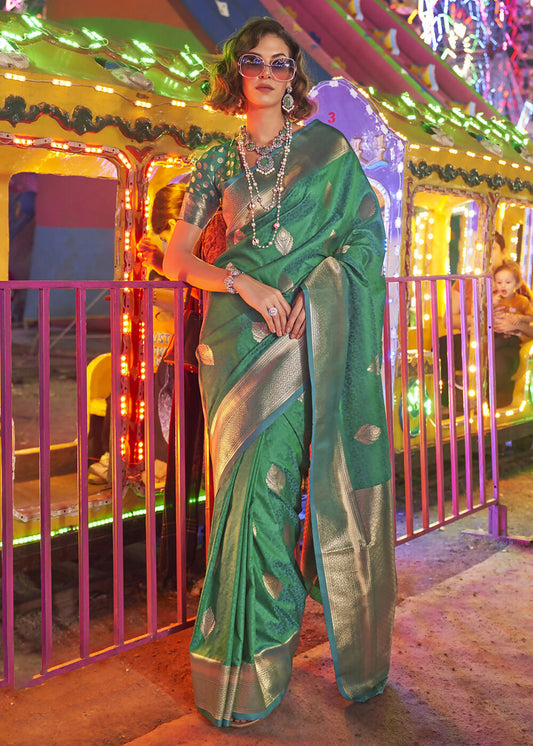 Beautiful Green Handloom Weaving Silk Saree - Emponline | Swadesiicart