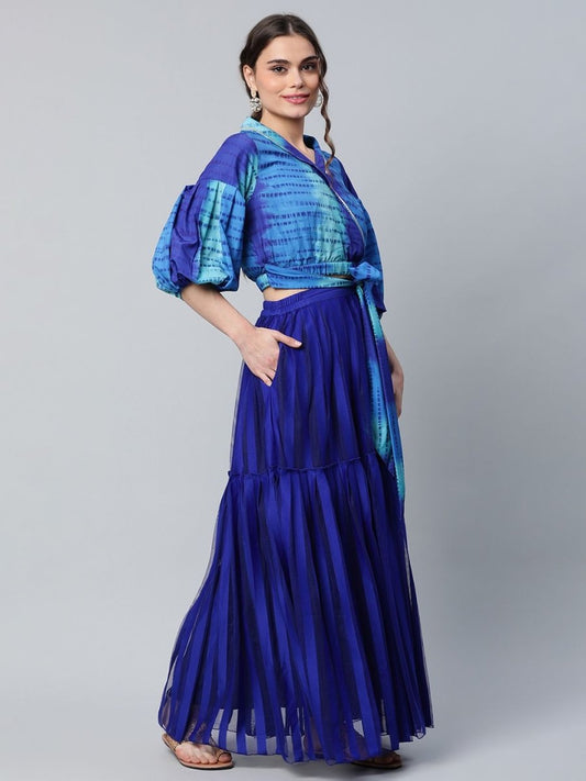 Ahalyaa Women Stunning Blue Crepe Printed Top with Skirt | Swadesiicart