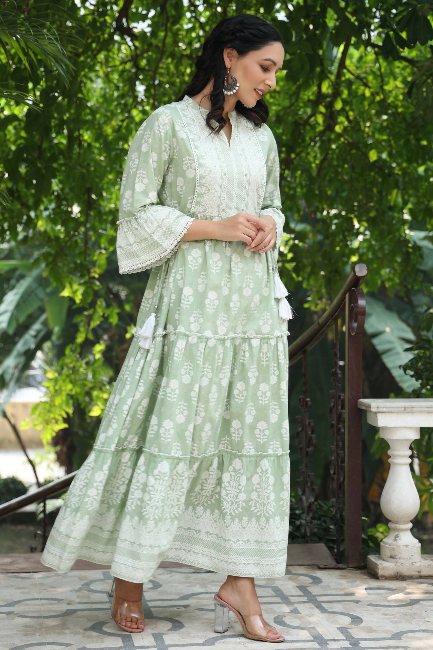 Juniper Women's Green Cambric Floral Printed Maxi Tiered Dress | Swadesiicart