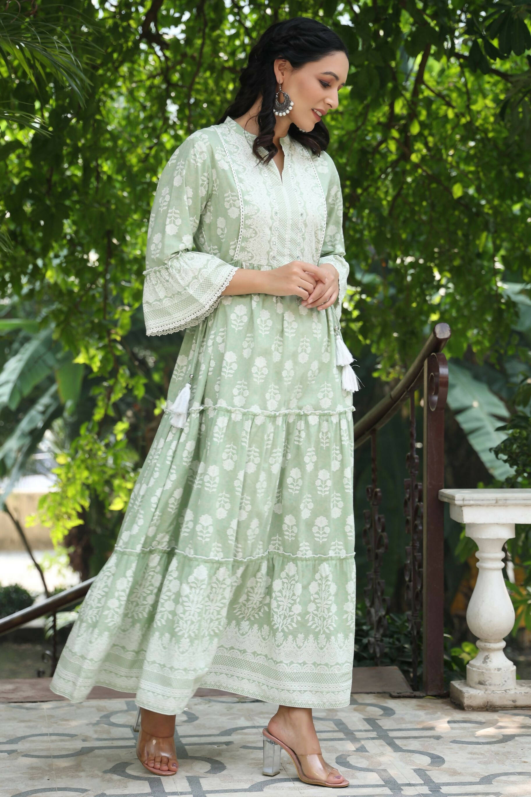 Juniper Women's Green Cambric Floral Printed Maxi Tiered Dress | Swadesiicart