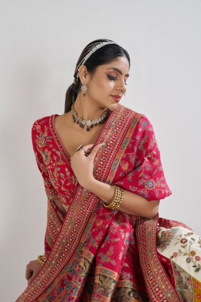 Kesar Fab White Banarasi Silk Embroidered Lehenga | Swadesiicart