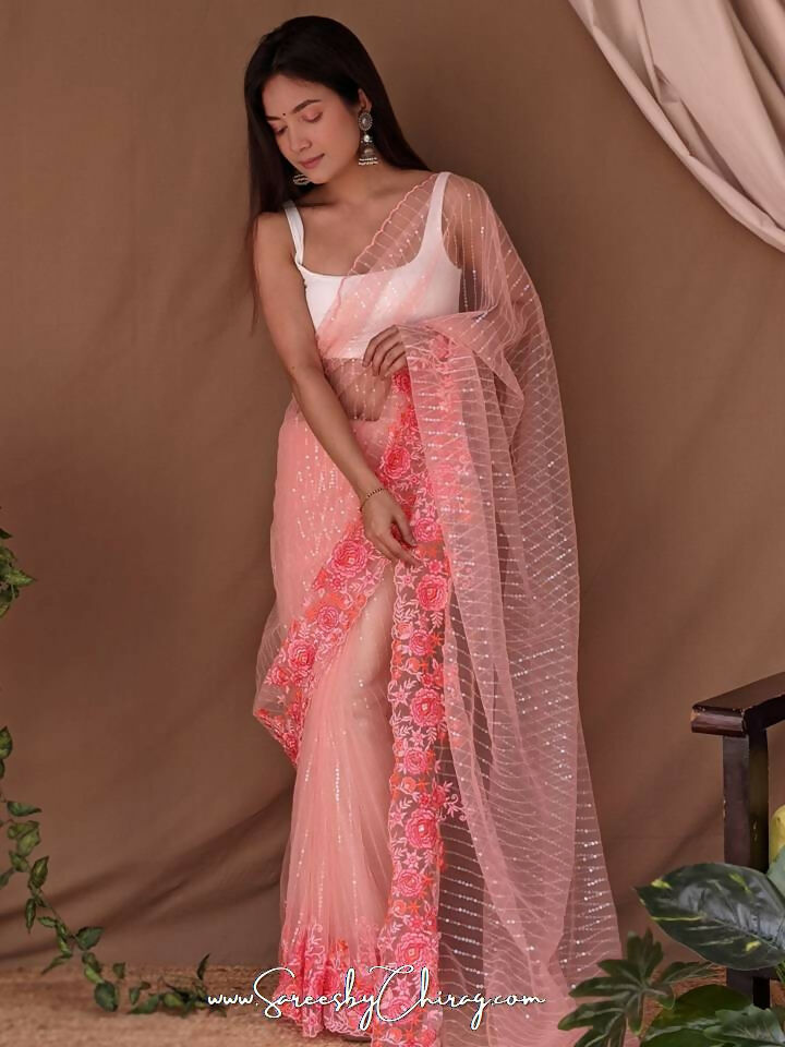 Vamsee Murari Peach Super Net Saree - Swadesiicart