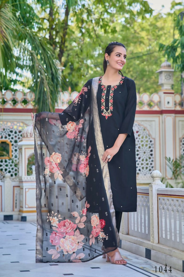 Partywear Designer Chanderi Black Stitched Suit With Dupatta - Tanisha | Swadesiicart
