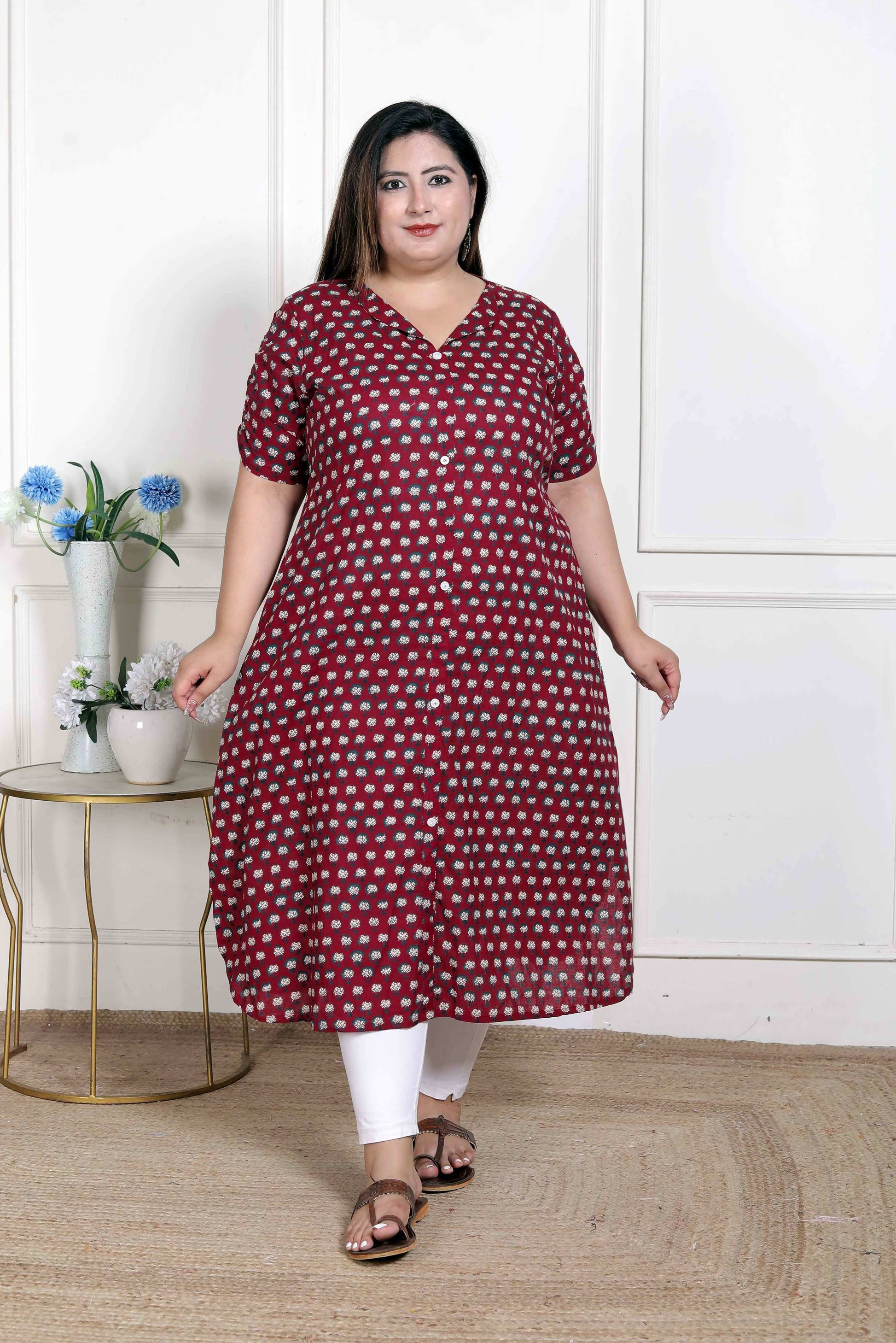 Miravan Women's Plus Size Relaxed Fit Red Floral Printed A-Line Pure Cotton Kurta - Swadesiicart